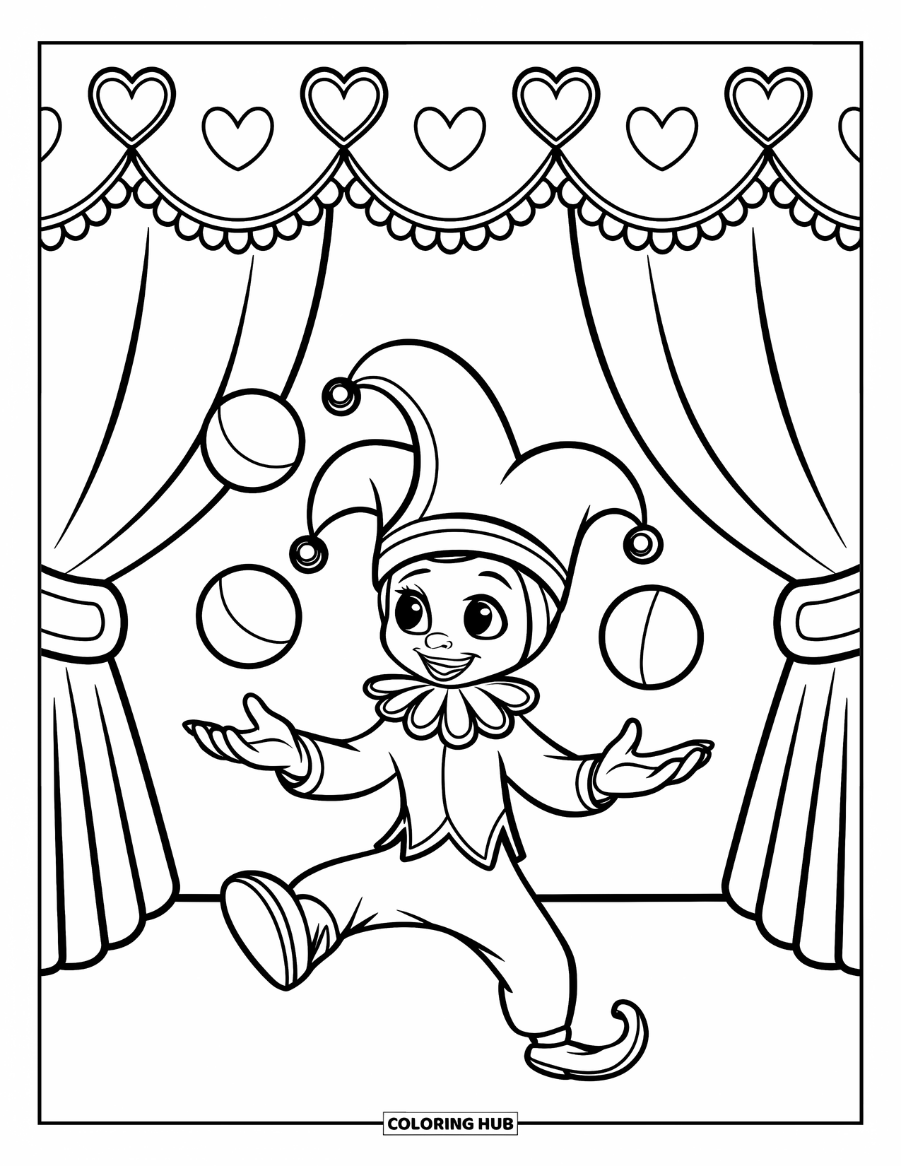 Medieval Coloring Page for Kids: A jester with bells juggles three balls in front of a curtain with hearts and flowers