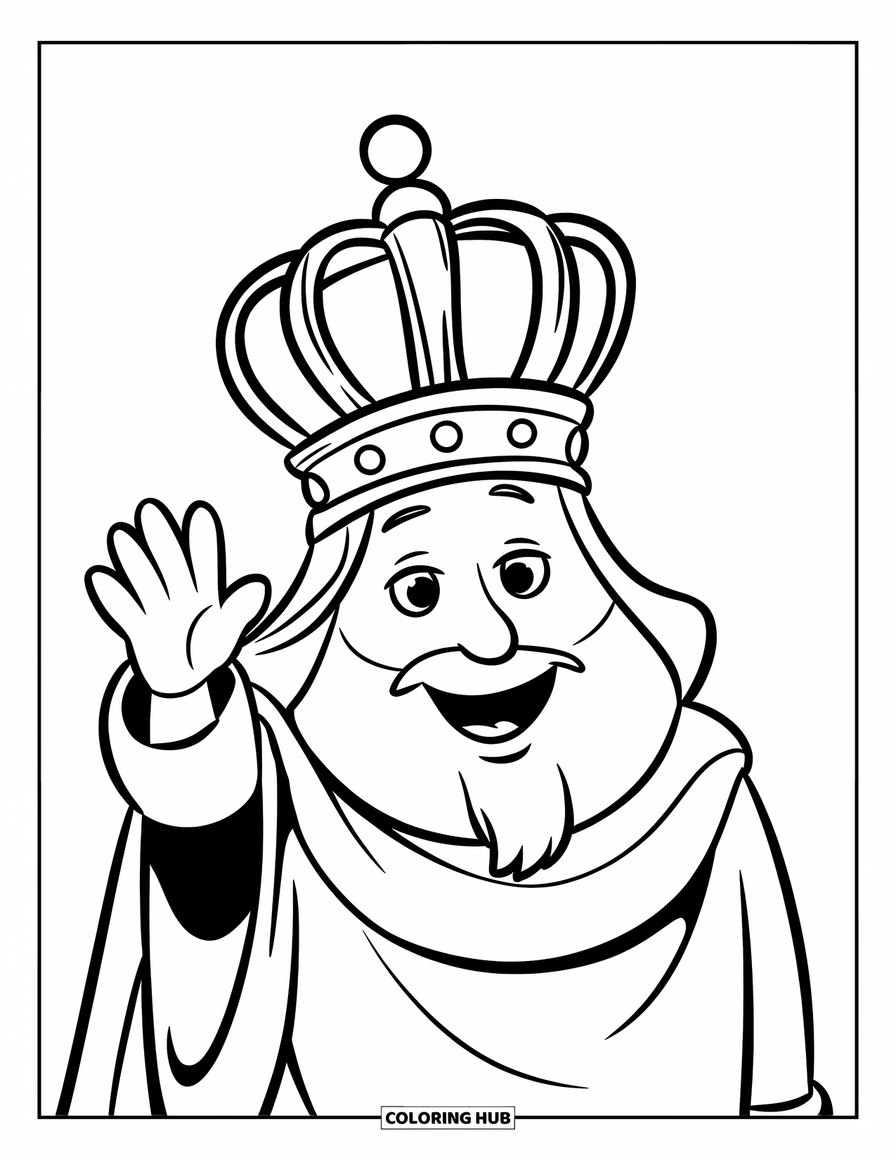 Medieval Coloring Page for Kids: A jolly king with a crown and beard waves warmly in a royal robe