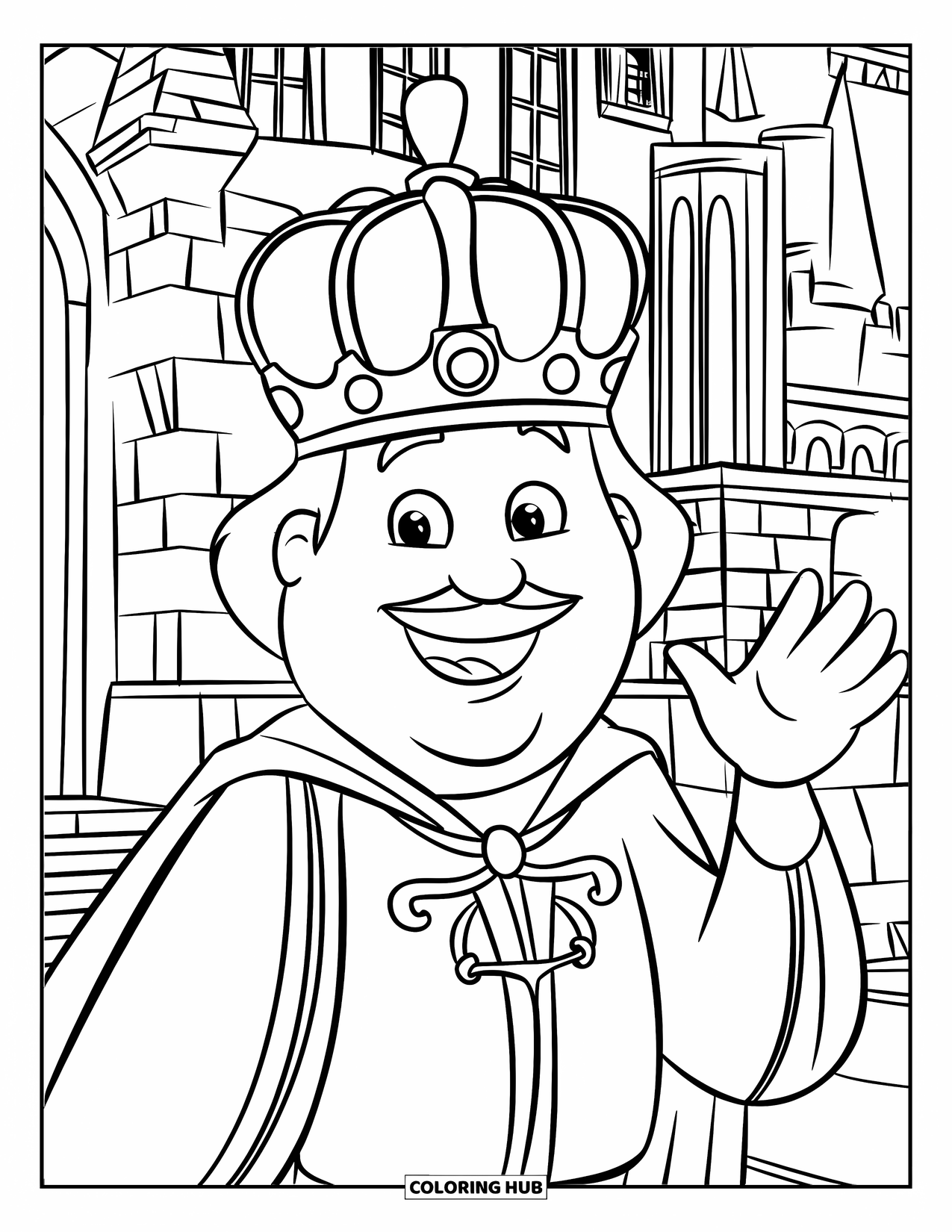 Medieval Coloring Page for Kids: A king with a mustache and robe waves near a castle with towers and windows