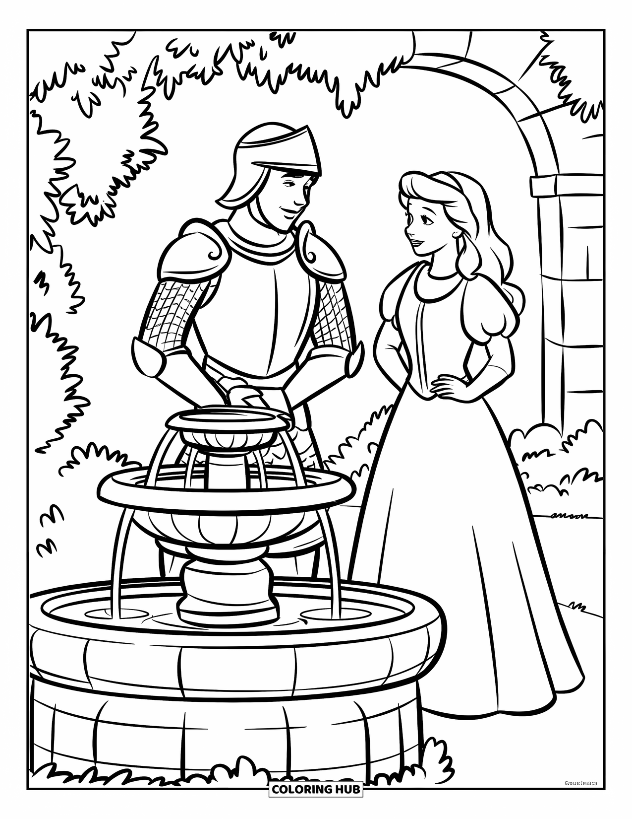 Medieval Coloring Page for Kids: A knight and princess talk by a splashing fountain near lush plants and a stone arch