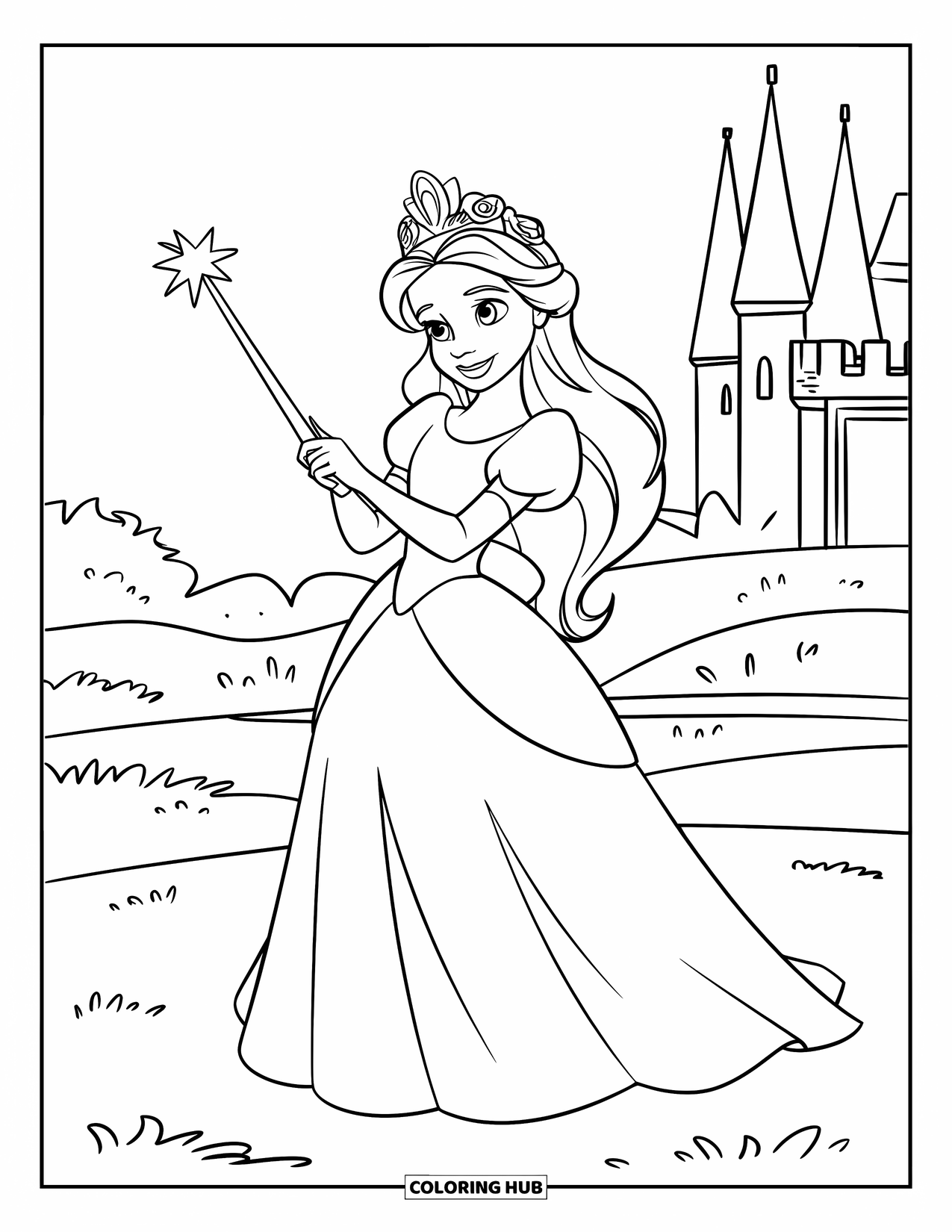 Medieval Coloring Page for Kids: A queen with flowered crown stands holding a wand near a castle with tall towers