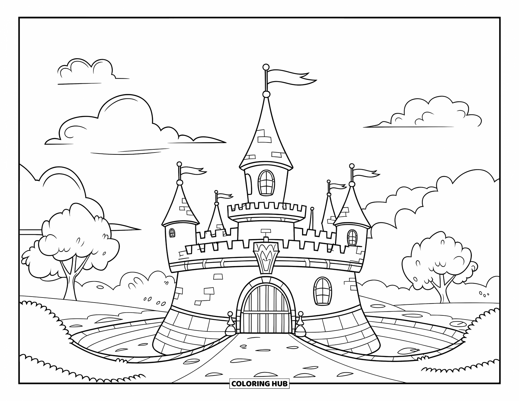 Medieval Coloring Page for Kids: A round castle with flags stands by a moat, trees, and a path leading in
