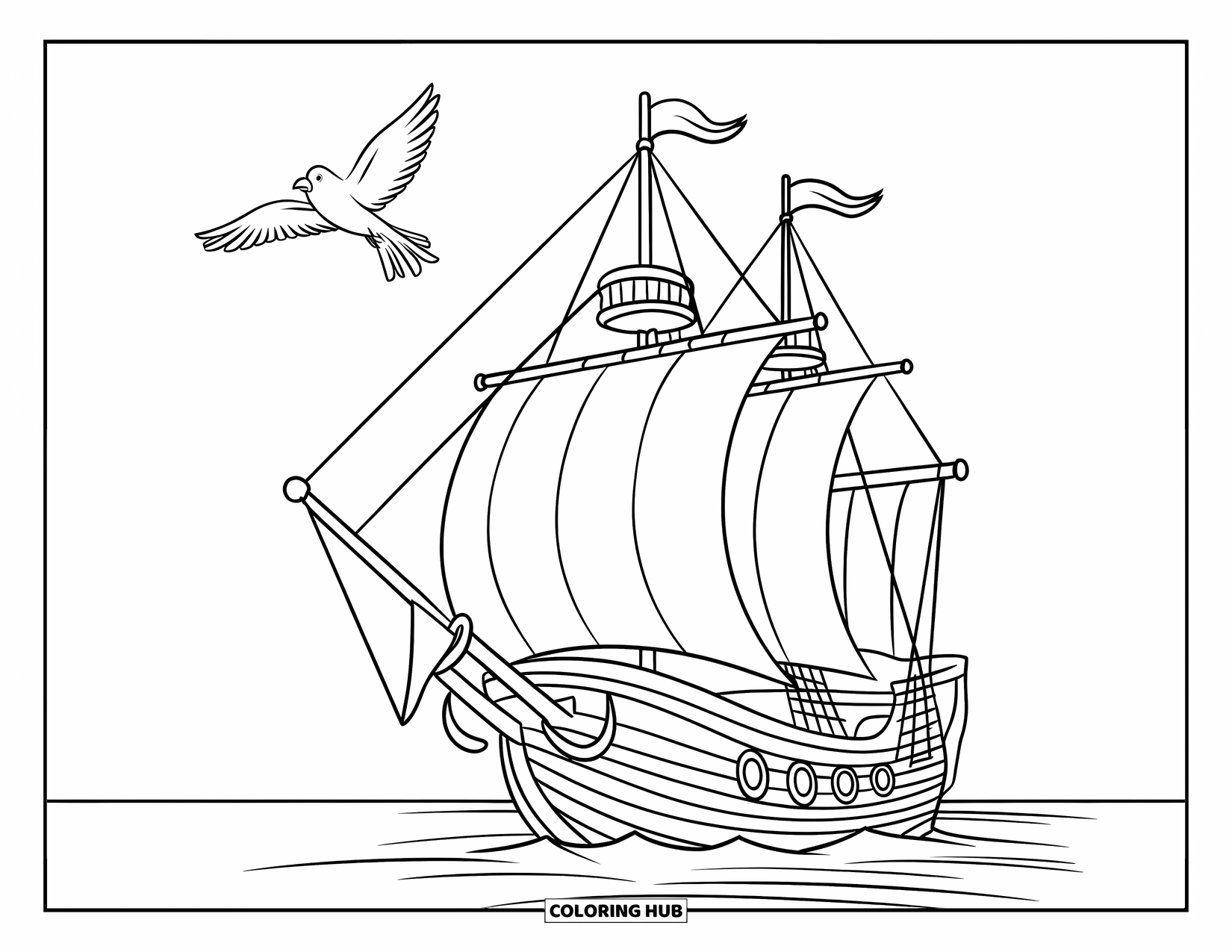 Medieval Coloring Page for Kids: A ship with large sails moves through calm waters beneath a bird and clear sky