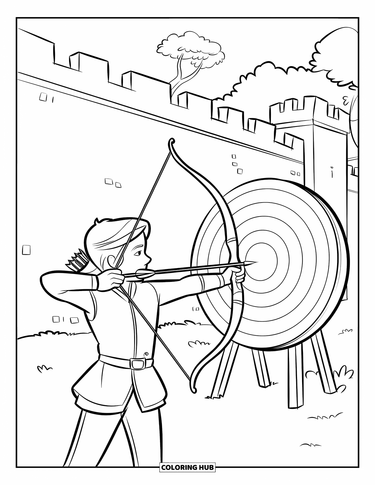 Medieval Coloring Page for Kids: A young archer stands near a stone castle aiming at a circular target with rings