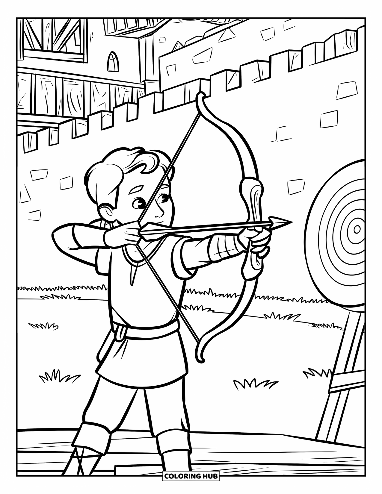 Medieval Coloring Page for Kids: A young archer takes aim at a target near a castle wall and wooden platform