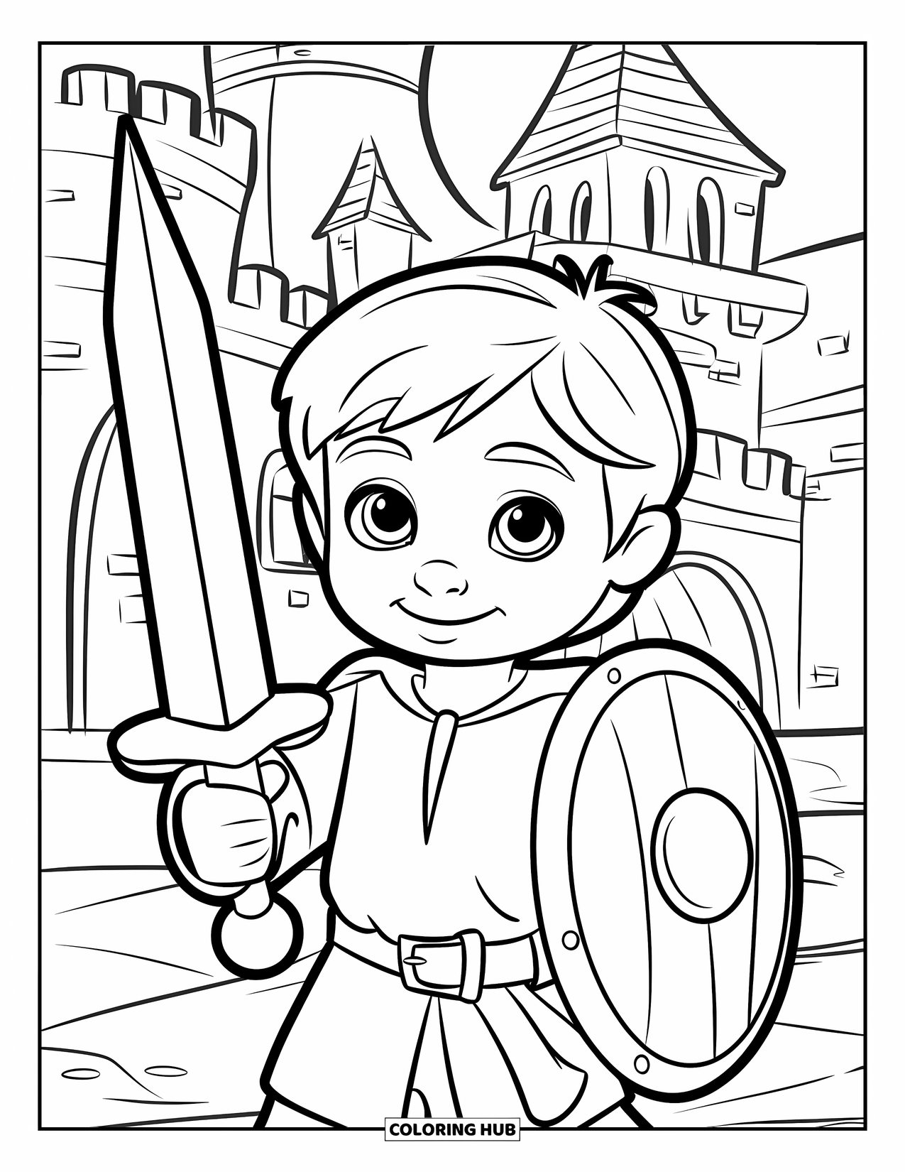 Medieval Coloring Page for Kids: A young boy in a tunic holds a wooden sword and shield near a castle