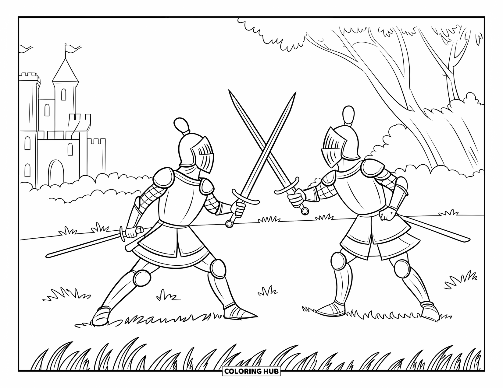 Medieval Coloring Page for Kids: Armored knights train in a grassy field with a castle in the distance