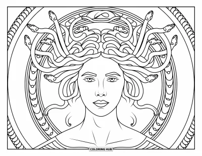 Dibujo de Medusa para colorear para adultos: Una Medusa serena está enmarcada por serpientes elegantes y motivos de hojas de acanto