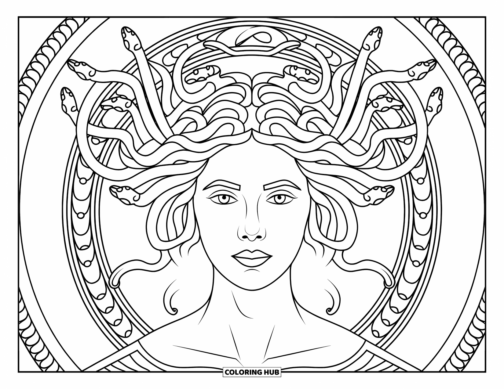 Medusa Coloring Page for Adults: A calm Medusa is framed by graceful snakes and leafy acanthus patterns
