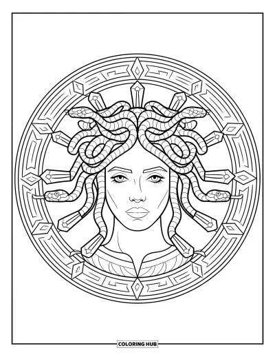 Dibujo de Medusa para colorear para adultos: Un marco circular rodea a Medusa mientras su cabello de serpientes se despliega en rayos artísticos