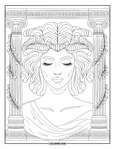 Dibujo de Medusa para colorear para adultos: Enmarcada por hiedra y columnas, Medusa tiene los ojos cerrados en un momento de calma