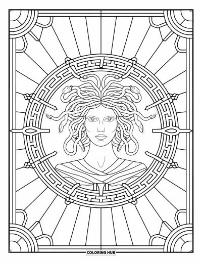 Dibujo de Medusa para colorear para adultos: Medusa aparece en un diseño circular con sus serpientes irradiando hacia fuera como rayos de sol estilizados