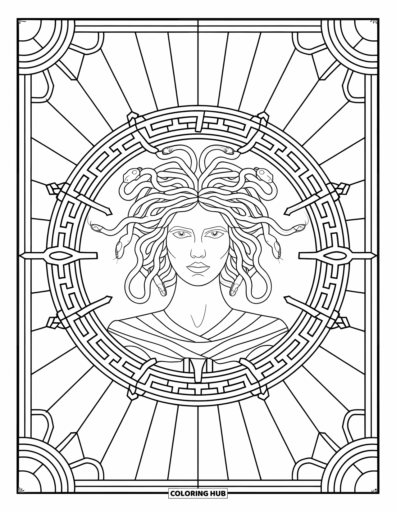 Medusa Coloring Page for Adults: Medusa appears in a circular design, her snakes radiating outward like stylized sunrays