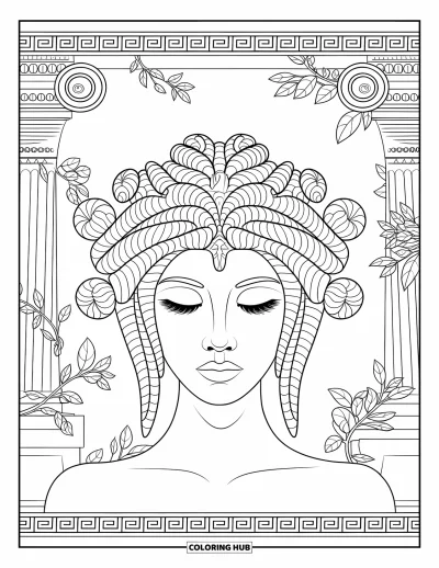 Dibujo de Medusa para colorear para adultos: Medusa cierra los ojos, enmarcada por columnas, hiedra y un borde ornamental