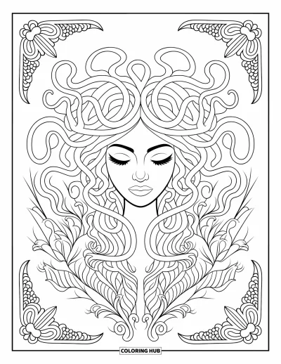 Dibujo de Medusa para colorear para adultos: Medusa cierra los ojos con el cabello ondulante entrelazado con motivos florales decorativos