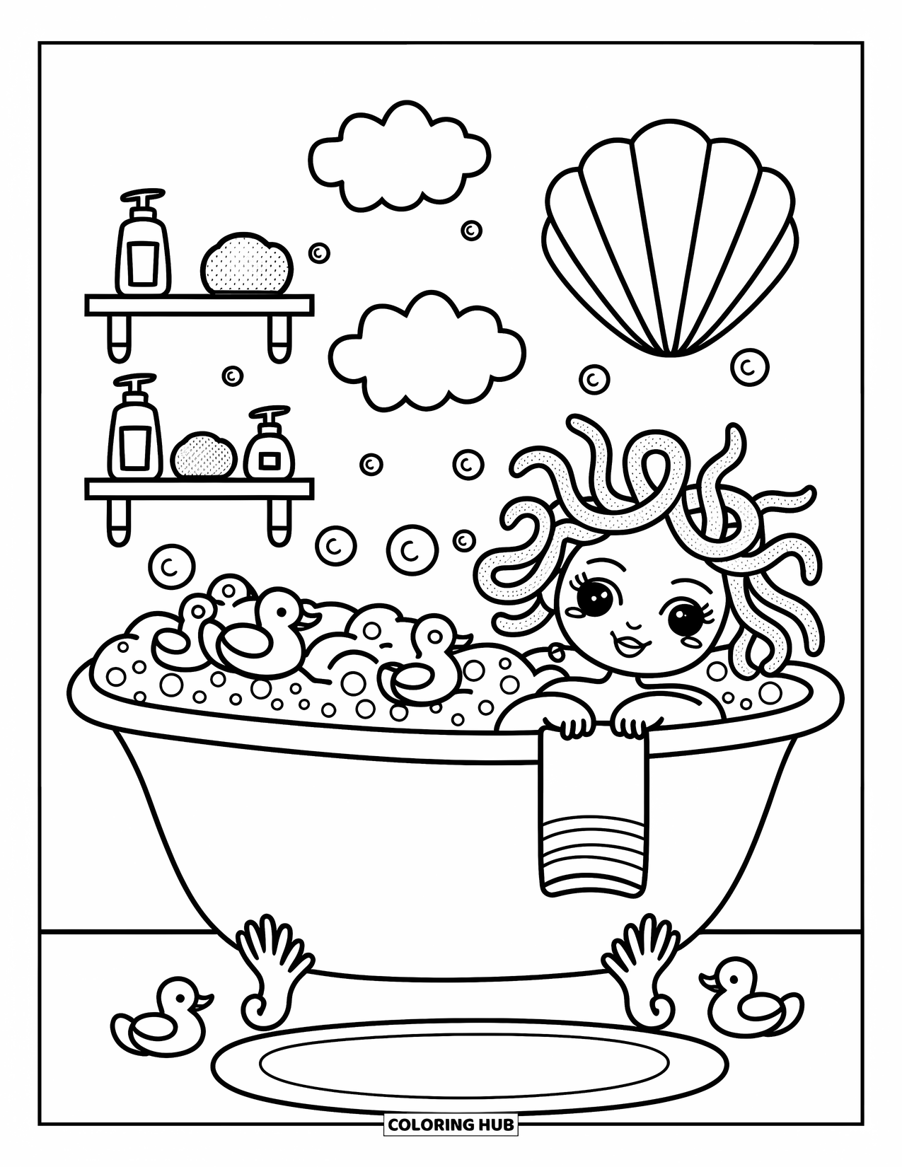 Medusa Coloring Page for Adults: Medusa enjoys a warm bath as her snake hair coils playfully around the tub