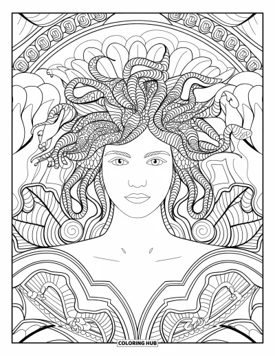 Dibujo de Medusa para colorear para adultos: Medusa ocupa el centro de una exuberante mandala floral con el cabello de serpientes peinado en espirales elegantes