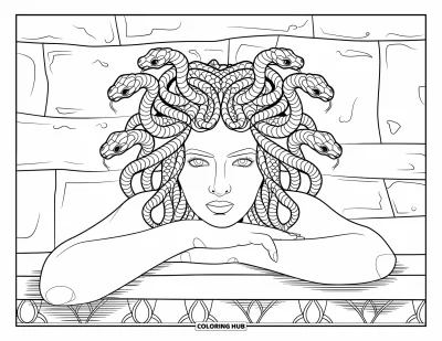 Dibujo de Medusa para colorear para adultos: Medusa se apoya pensativa en su mano con cabello de serpientes y una elaborada piedra tallada detrás