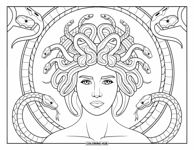 Dibujo de Medusa para colorear para adultos: Medusa luce tranquila mientras las serpientes en espiral forman un halo alrededor de su cabeza