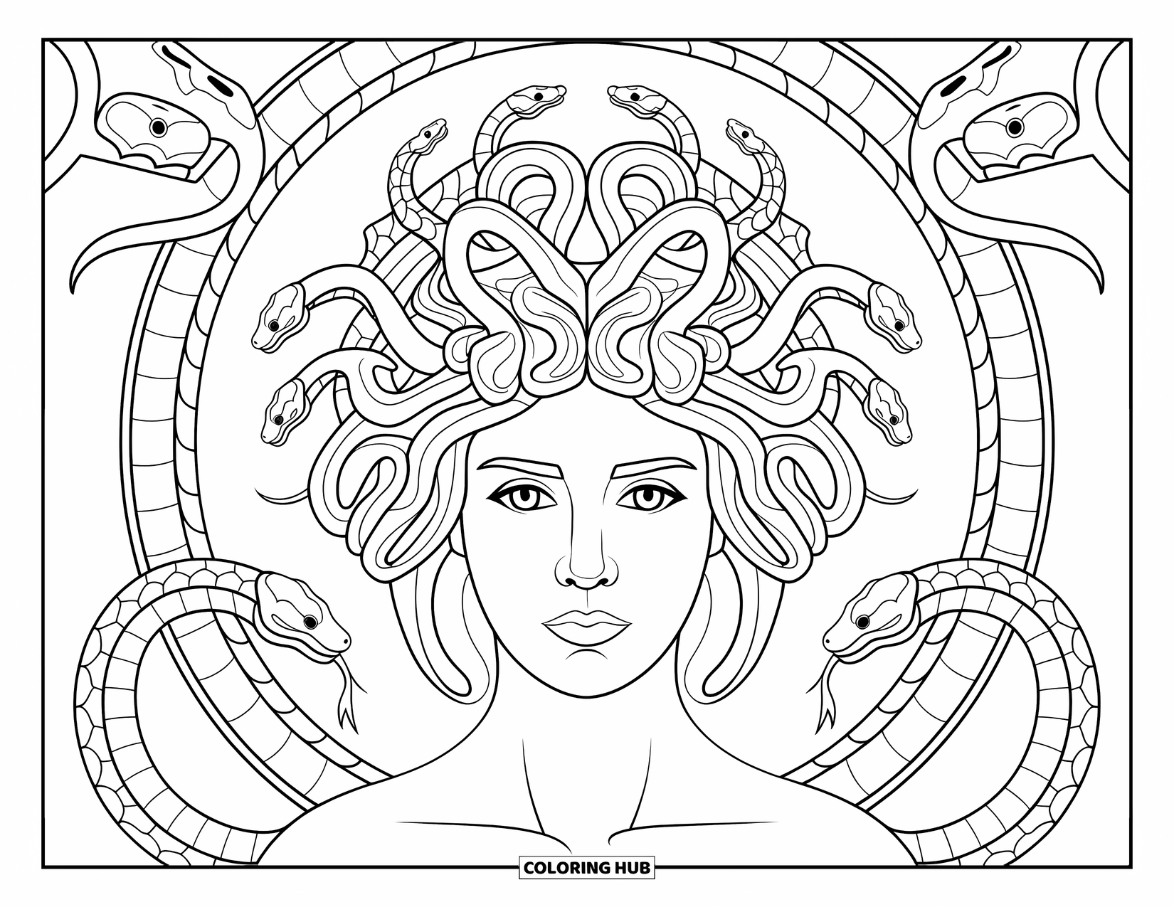 Medusa Coloring Page for Adults: Medusa looks peaceful as swirling snakes form a halo around her head
