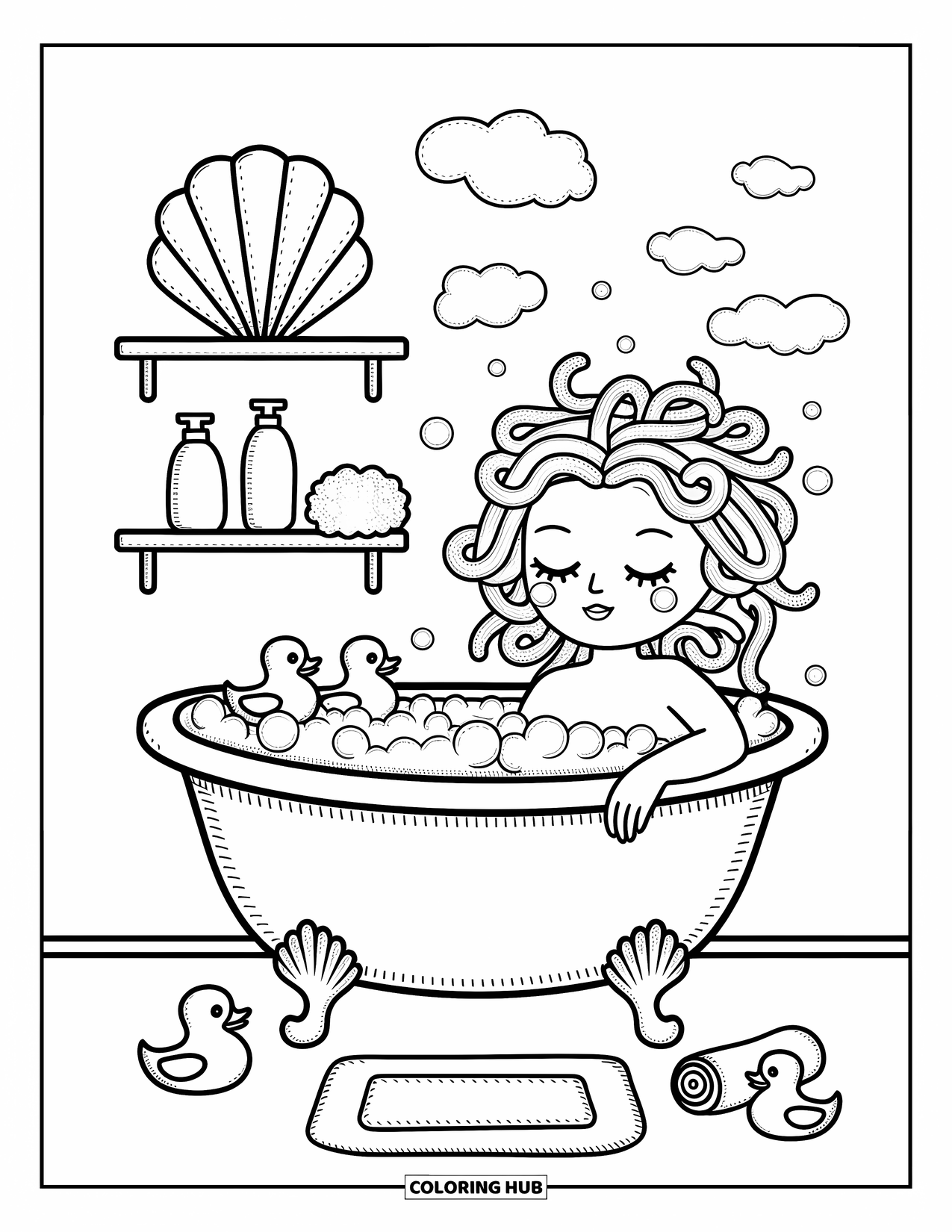 Medusa Coloring Page for Adults: Medusa lounges in a bubbly tub with playful snakes and a seashell window