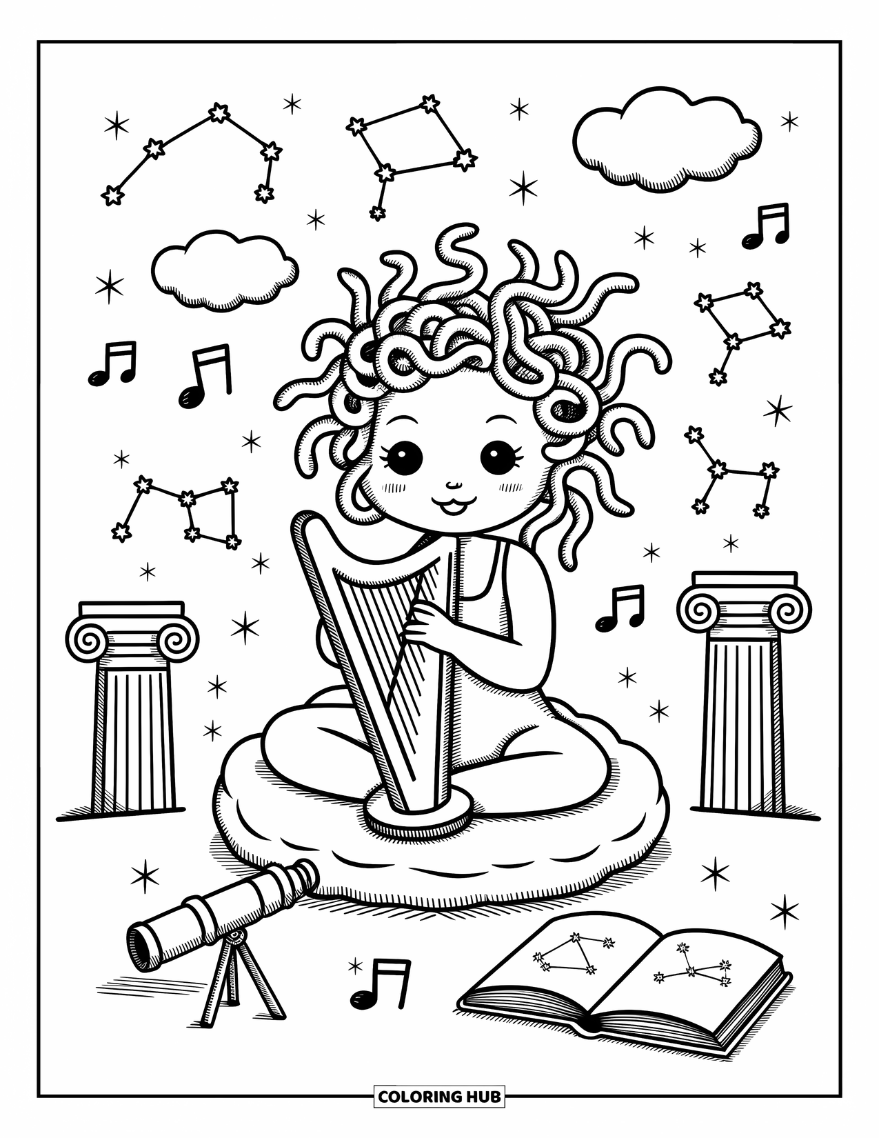 Medusa Coloring Page for Adults: Medusa makes music on a harp with floating clouds and dreamy night skies