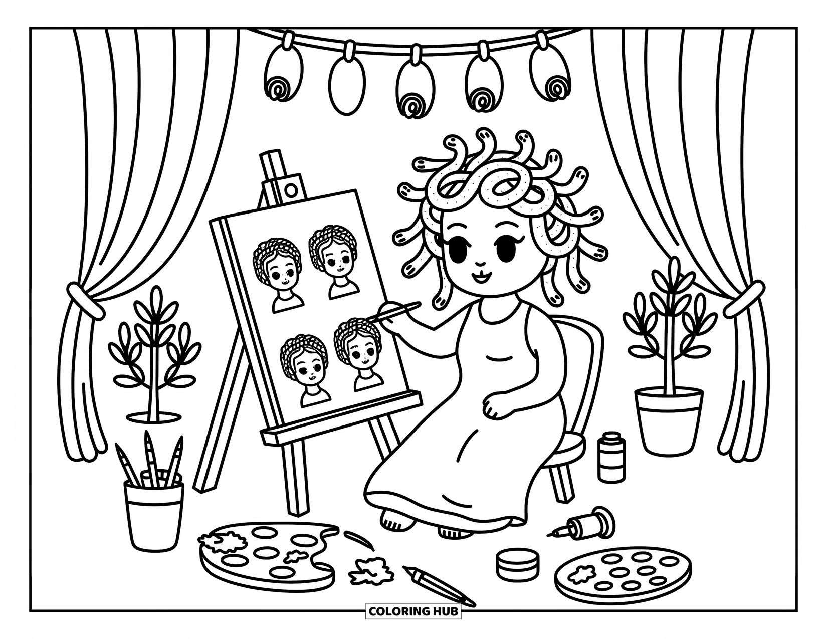 Medusa Coloring Page for Adults: Medusa paints portraits of her snake hair in a cozy studio full of tiny canvases