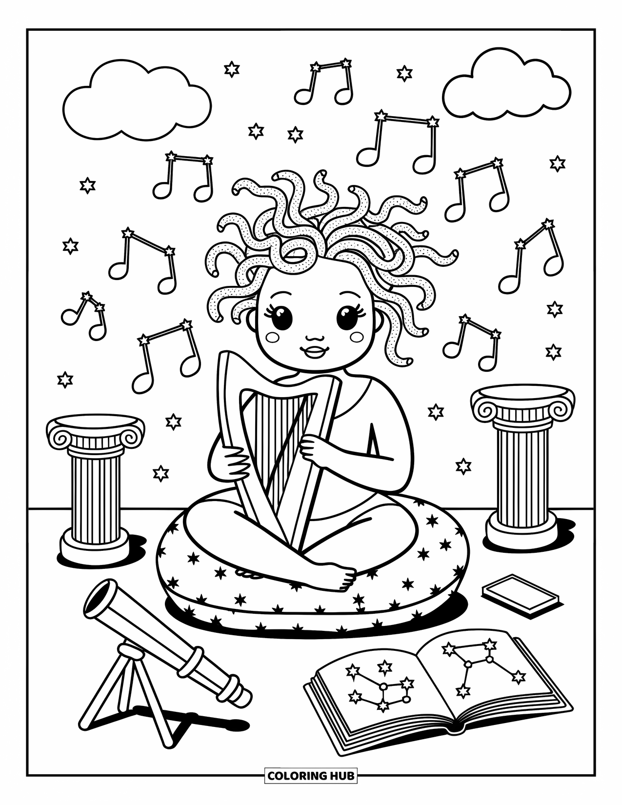 Medusa Coloring Page for Adults: Medusa plays a harp on a fluffy cushion while constellations twinkle above