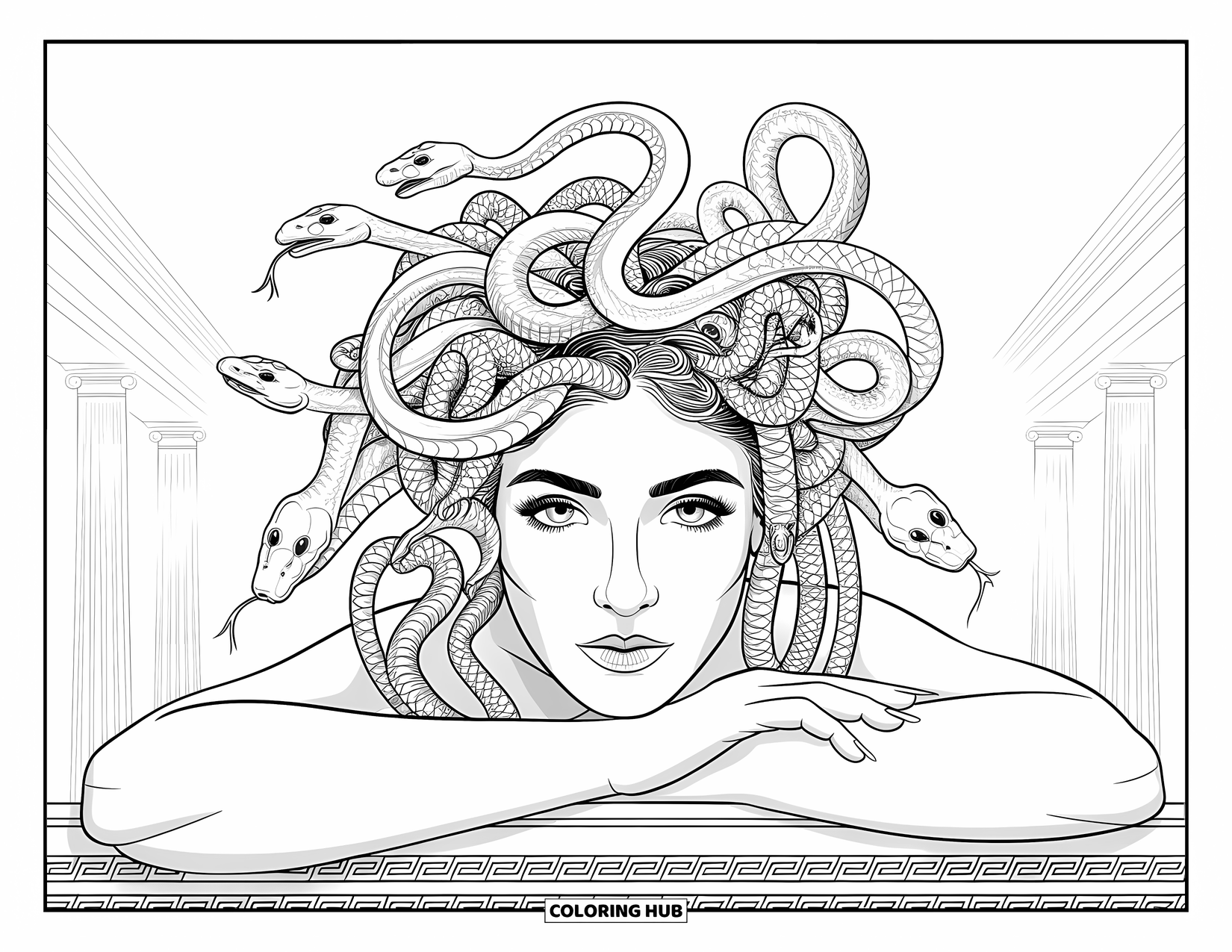 Medusa Coloring Page for Adults: Medusa relaxes near Greek pillars, her snake hair tangled with ornamental filigree