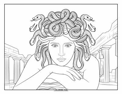 Dibujo de Medusa para colorear para adultos: Medusa apoya el mentón en la mano rodeada de ruinas antiguas y delicadas filigranas