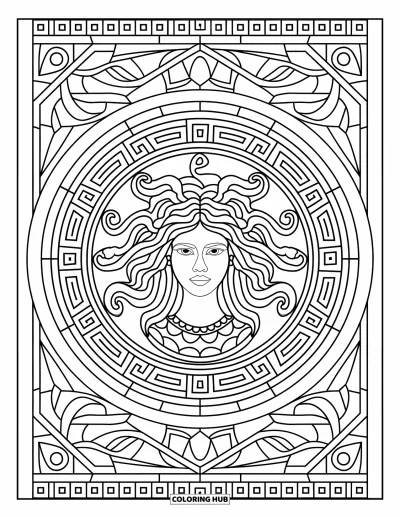 Dibujo de Medusa para colorear para adultos: Medusa brilla en el centro de un vitral circular con serpientes que irradian hacia afuera