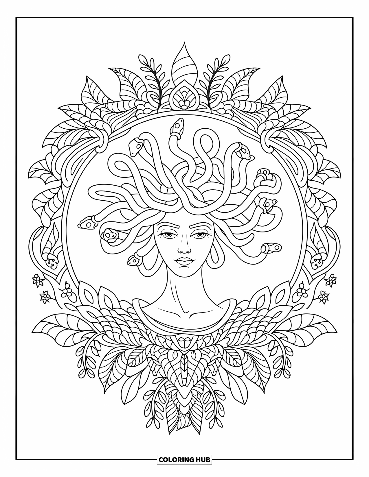 Medusa Coloring Page for Adults: Medusa smiles softly as her spiraling snake hair blends into floral designs