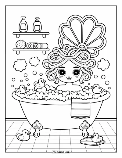 Dibujo de Medusa para colorear para adultos: Medusa se relaja en un baño de burbujas con patitos de goma y nubes de vapor