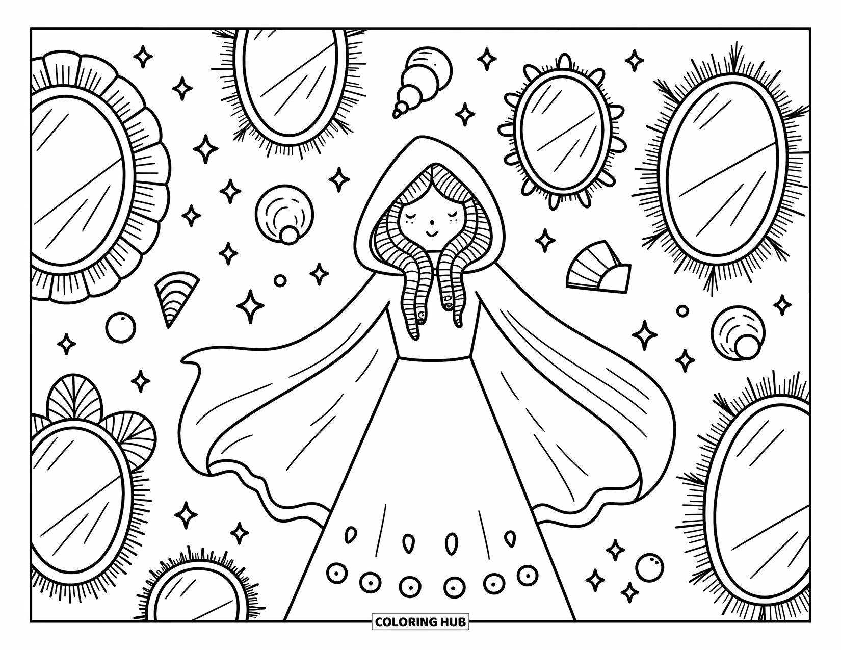 Medusa Coloring Page for Adults: Medusa stands in a mirror room where only her snake hair is reflected