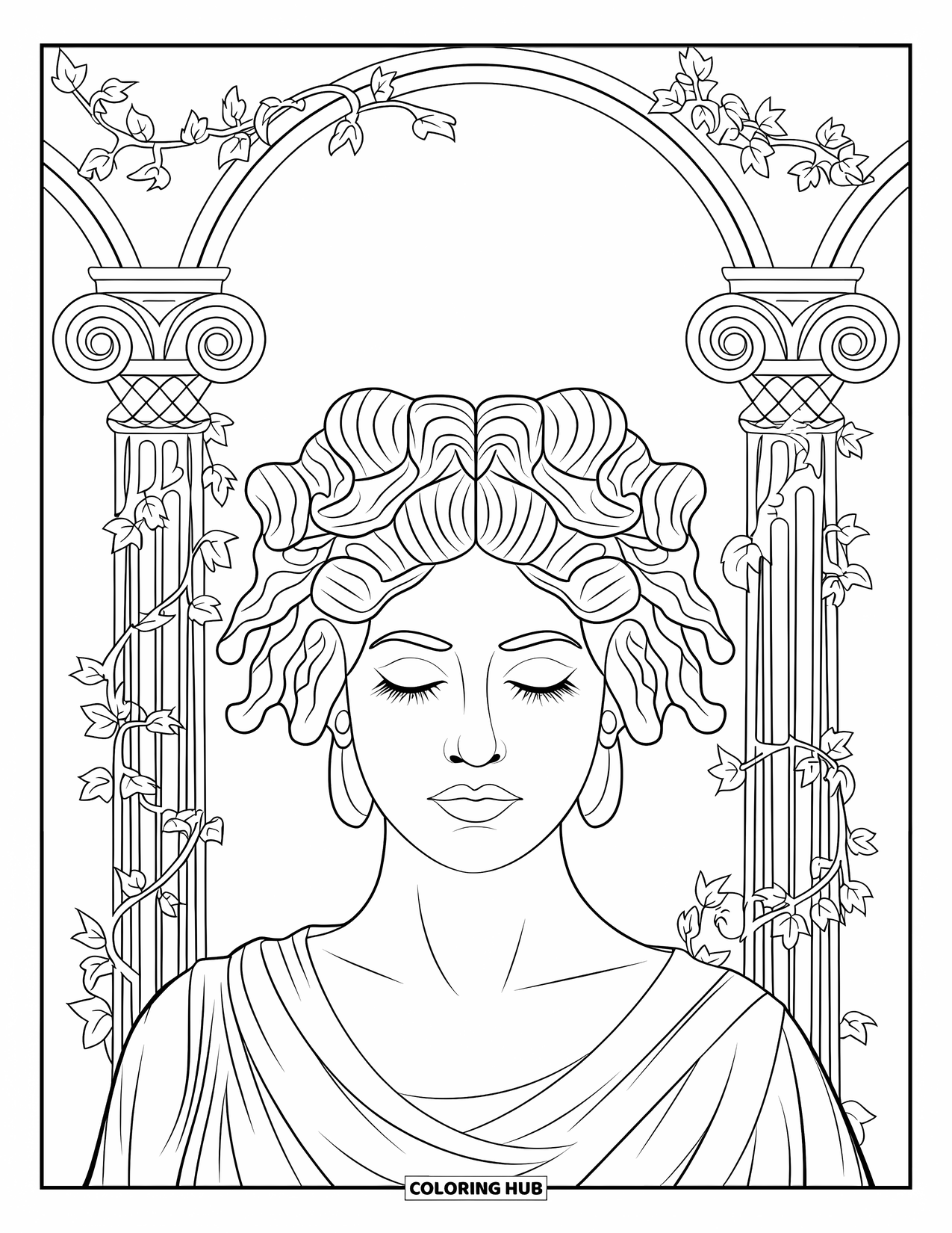 Medusa Coloring Page for Adults: Medusa stands serenely between ivy-covered Greco-Roman columns on a blank background