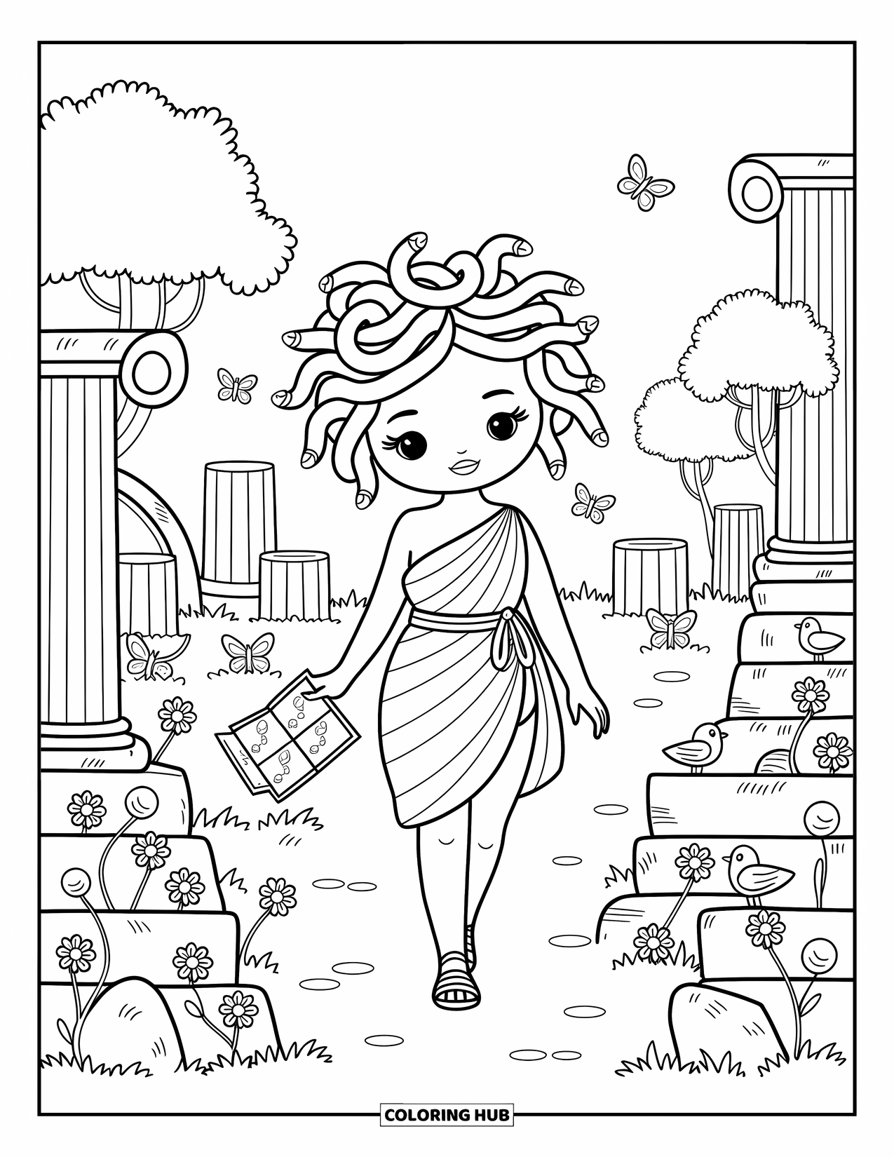 Medusa Coloring Page for Adults: Medusa strolls through flower-covered ruins with birds and butterflies around her