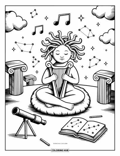 Dibujo de Medusa para colorear para adultos: Medusa rasguea un arpa mientras notas musicales y constelaciones flotan a su alrededor
