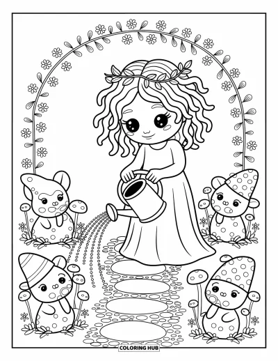 Dibujo de Medusa para colorear para adultos: Medusa cuida un jardín mágico lleno de pequeñas estatuas y enredaderas en flor