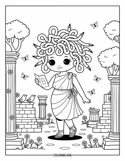 Dibujo de Medusa para colorear para adultos: Medusa camina con suavidad entre ruinas mientras su cabello de serpientes se riza con curiosidad