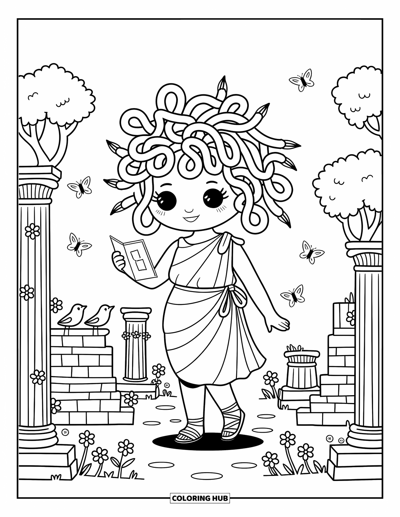 Medusa Coloring Page for Adults: Medusa walks gently through ruins as her snake hair curls with curiosity