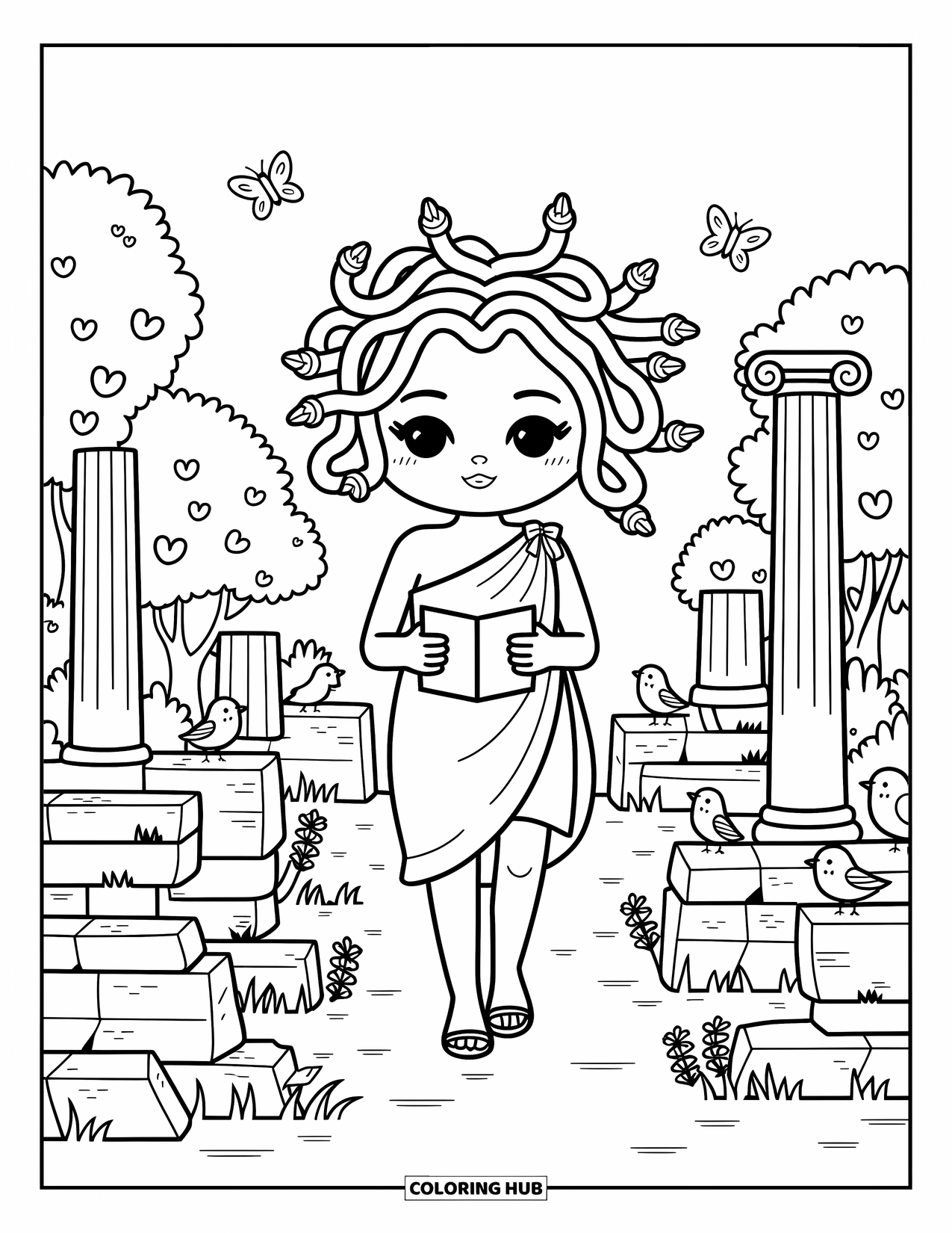 Medusa Coloring Page for Adults: Medusa wanders through Greek ruins with curious birds and fluttering butterflies