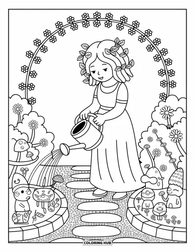 Dibujo de Medusa para colorear para adultos: Medusa riega estatuas con aspecto de gnomos rodeadas de enredaderas, flores y un enrejado