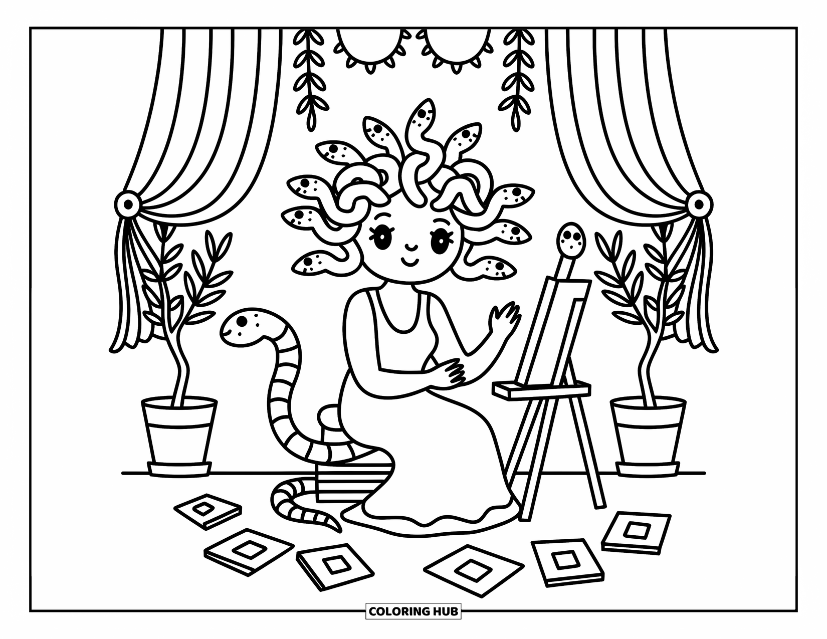 Medusa Coloring Page for Adults: Medusa's curious snakes pose for paintings in her cozy, art-filled space