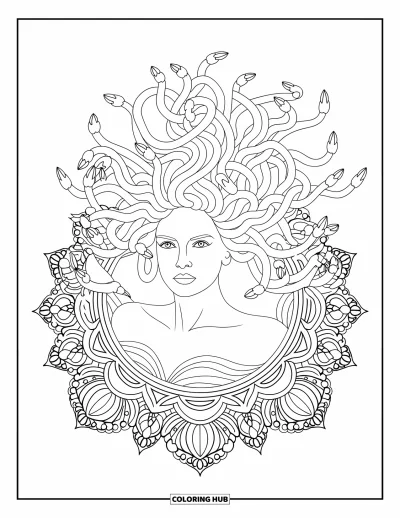 Dibujo de Medusa para colorear para adultos: El elegante cabello de serpientes de Medusa gira a su alrededor mientras está sentada en el interior de una mandala floral