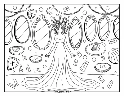 Dibujo de Medusa para colorear para adultos: El rostro de Medusa está oculto mientras su cabello de serpientes aparece en espejos con marcos fantásticos