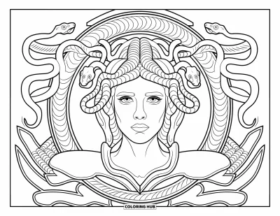 Dibujo de Medusa para colorear para adultos: El rostro sereno de Medusa está rodeado de serpientes en espiral y curvas ornamentales