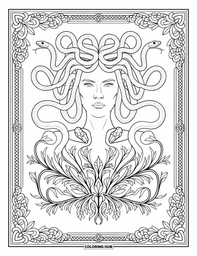Dibujo de Medusa para colorear para adultos: El cabello de serpientes de Medusa forma patrones simétricos mezclados con volutas florales