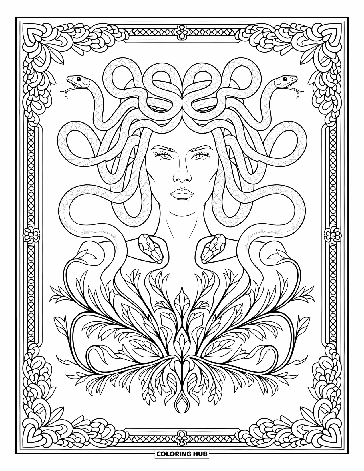 Medusa Coloring Page for Adults: Medusa's snake hair loops into symmetrical patterns mixed with floral scrolls
