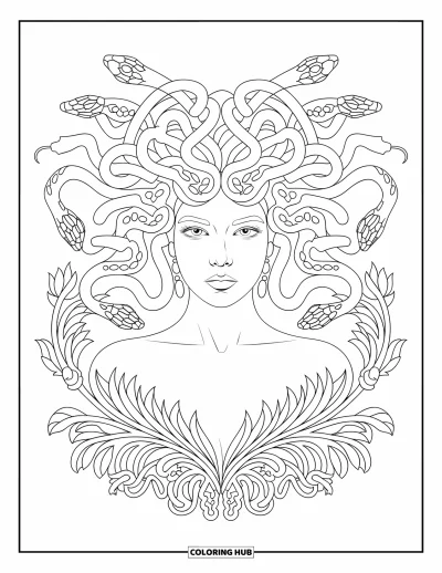 Dibujo de Medusa para colorear para adultos: Las serpientes de Medusa forman lazos en espiral que se mezclan con un borde floral
