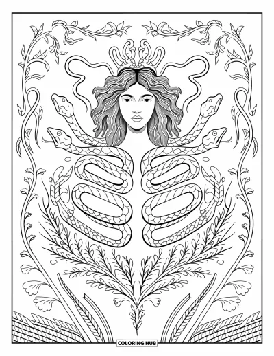 Dibujo de Medusa para colorear para adultos: Serpientes y flores se entrelazan en el largo cabello de Medusa en un diseño elegante y fluido